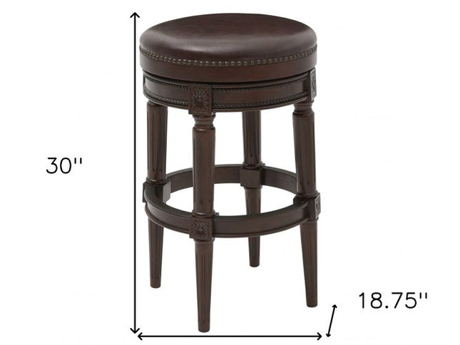 31" Brown Faux Leather and Solid Wood Backless Counter Height Swivel Bar Chair