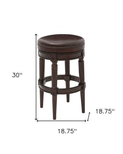 31" Brown Faux Leather and Solid Wood Backless Counter Height Swivel Bar Chair