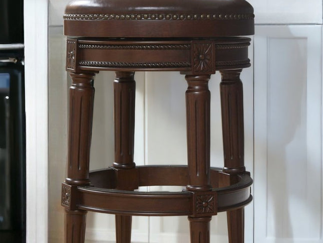 31" Brown Faux Leather and Solid Wood Backless Counter Height Swivel Bar Chair