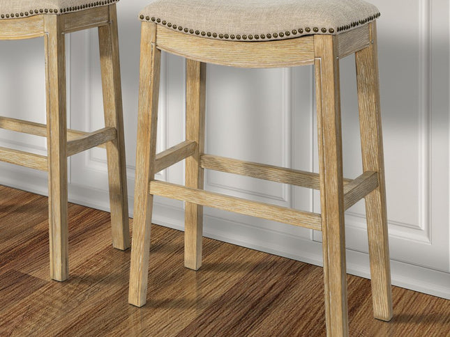 31" Linen and Natural Solid Wood Backless Bar Height Bar Chair