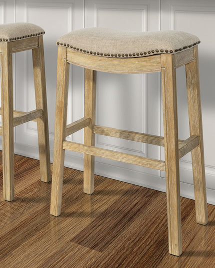 31" Linen and Natural Solid Wood Backless Bar Height Bar Chair