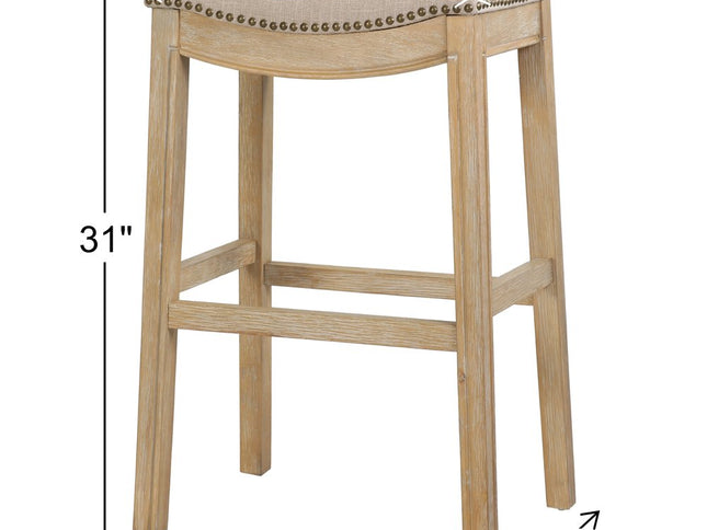 31" Linen and Natural Solid Wood Backless Bar Height Bar Chair