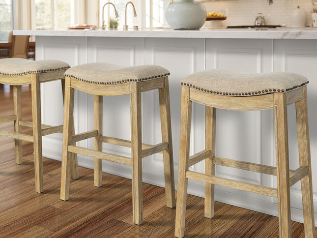 31" Linen and Natural Solid Wood Backless Bar Height Bar Chair