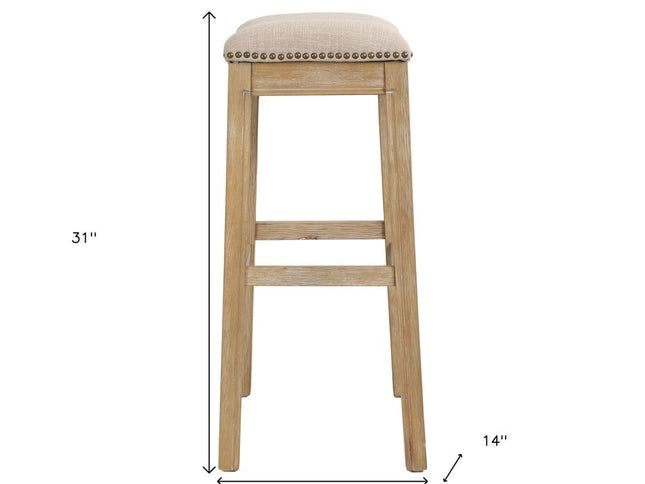 31" Linen and Natural Solid Wood Backless Bar Height Bar Chair