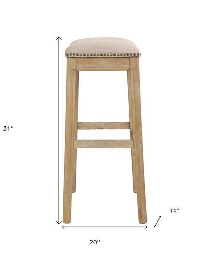 31" Linen and Natural Solid Wood Backless Bar Height Bar Chair