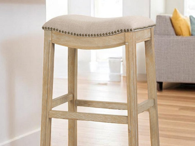 31" Linen and Natural Solid Wood Backless Bar Height Bar Chair