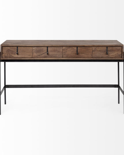 56" Brown and Black Solid Wood and Metal Console Table With Four Drawers