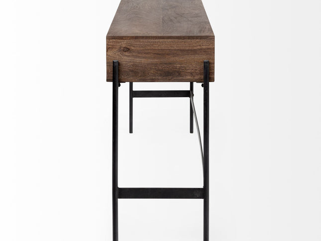 56" Brown and Black Solid Wood and Metal Console Table With Four Drawers