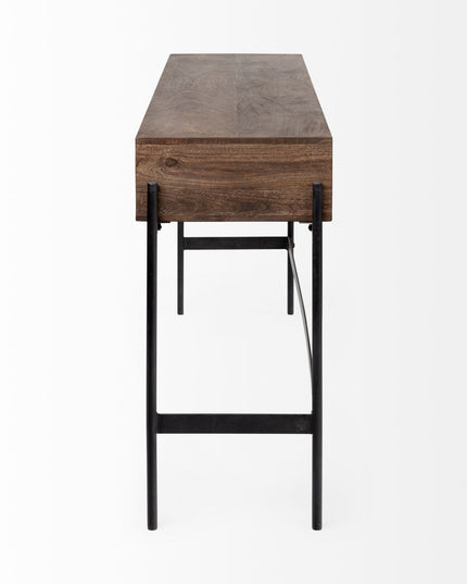 56" Brown and Black Solid Wood and Metal Console Table With Four Drawers