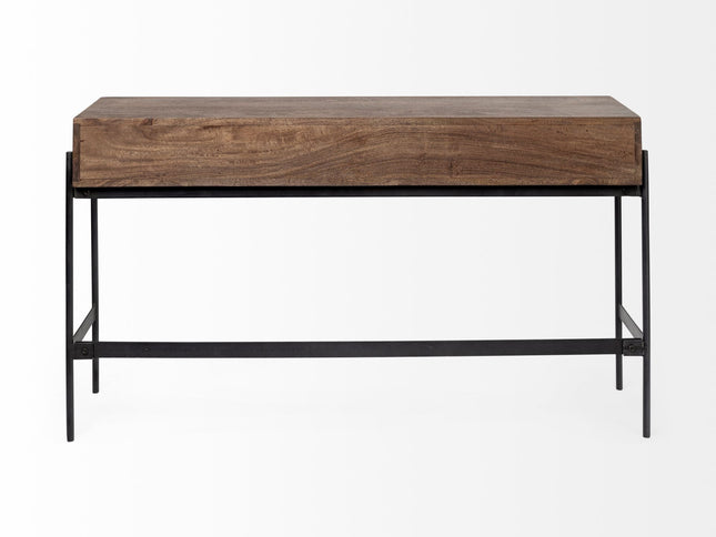 56" Brown and Black Solid Wood and Metal Console Table With Four Drawers