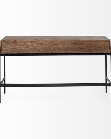 56" Brown and Black Solid Wood and Metal Console Table With Four Drawers