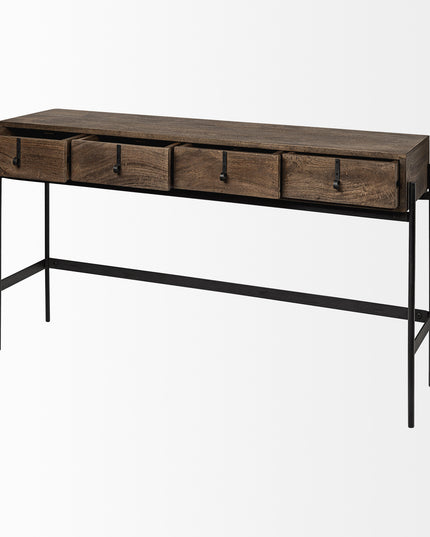 56" Brown and Black Solid Wood and Metal Console Table With Four Drawers