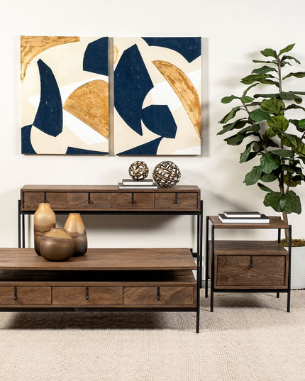 56" Brown and Black Solid Wood and Metal Console Table With Four Drawers