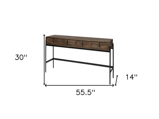 56" Brown and Black Solid Wood and Metal Console Table With Four Drawers