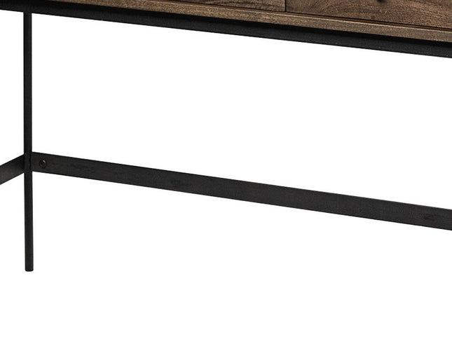 56" Brown and Black Solid Wood and Metal Console Table With Four Drawers