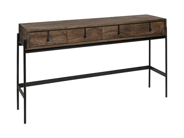 56" Brown and Black Solid Wood and Metal Console Table With Four Drawers
