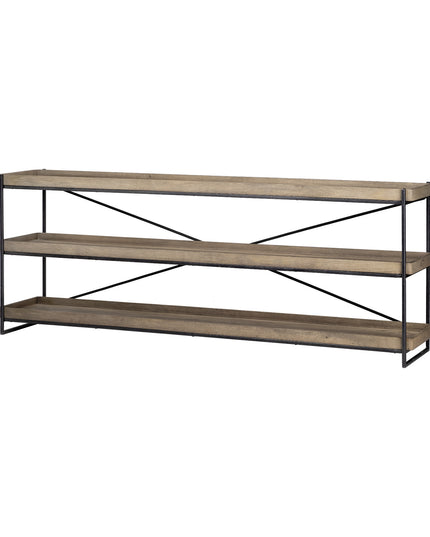80" Light Brown and Black Solid Wood and Iron Console Table With Two Shelves