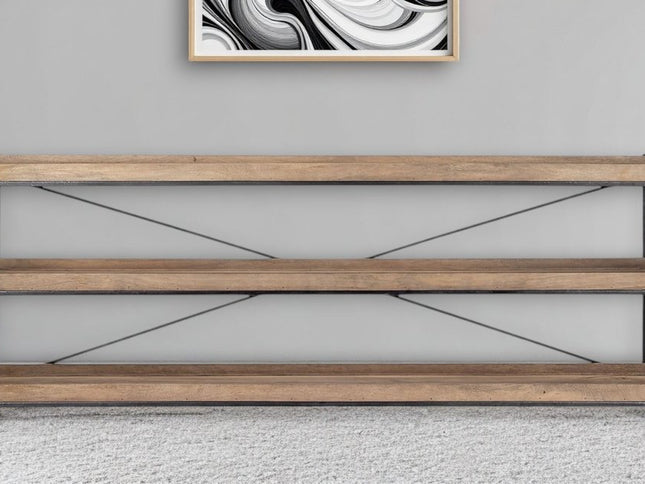 80" Light Brown and Black Solid Wood and Iron Console Table With Two Shelves