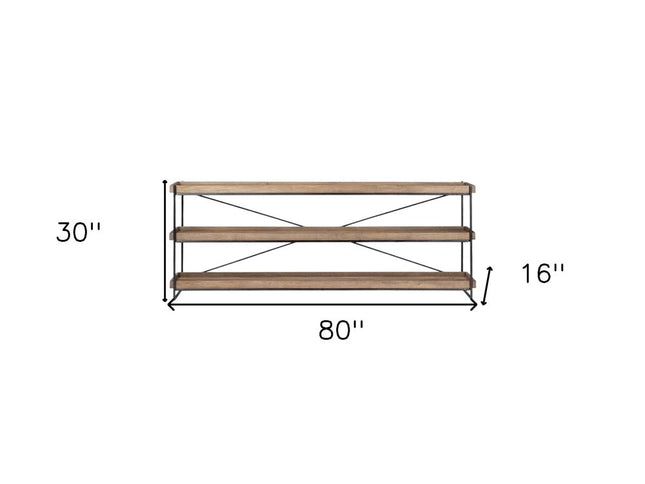 80" Light Brown and Black Solid Wood and Iron Console Table With Two Shelves