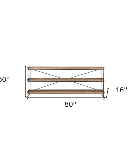 80" Light Brown and Black Solid Wood and Iron Console Table With Two Shelves