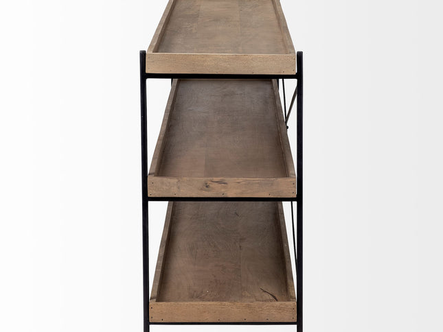 80" Light Brown and Black Solid Wood and Iron Console Table With Two Shelves