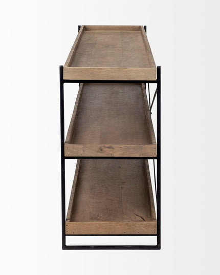 80" Light Brown and Black Solid Wood and Iron Console Table With Two Shelves