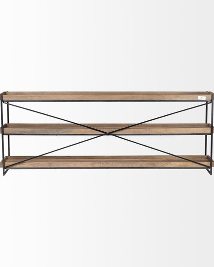 80" Light Brown and Black Solid Wood and Iron Console Table With Two Shelves