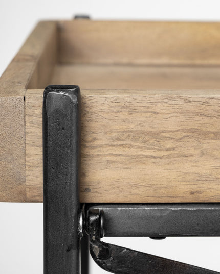 80" Light Brown and Black Solid Wood and Iron Console Table With Two Shelves