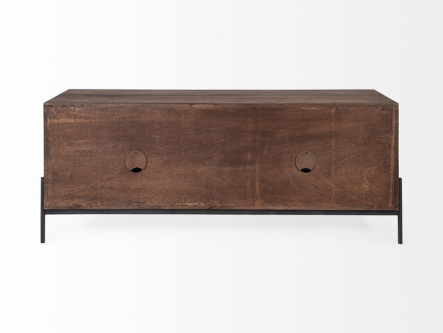 62" Brown and Black Solid Wood Cabinet Enclosed Storage TV Stand