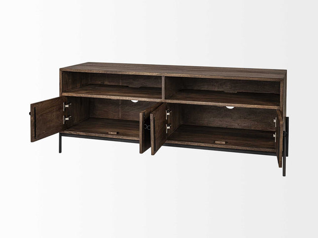 62" Brown and Black Solid Wood Cabinet Enclosed Storage TV Stand