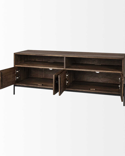 62" Brown and Black Solid Wood Cabinet Enclosed Storage TV Stand