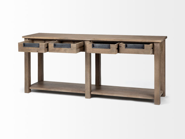 72" Brown Solid Wood Floor Shelf Console Table And Drawers