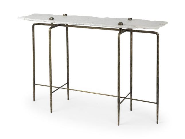 49" White and Brass Genuine Marble and Iron Distressed Six Leg Console Table