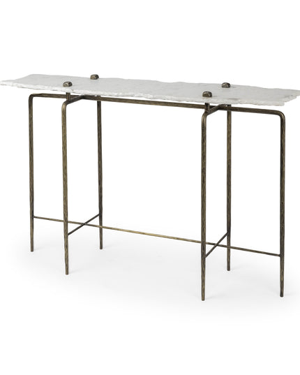 49" White and Brass Genuine Marble and Iron Distressed Six Leg Console Table