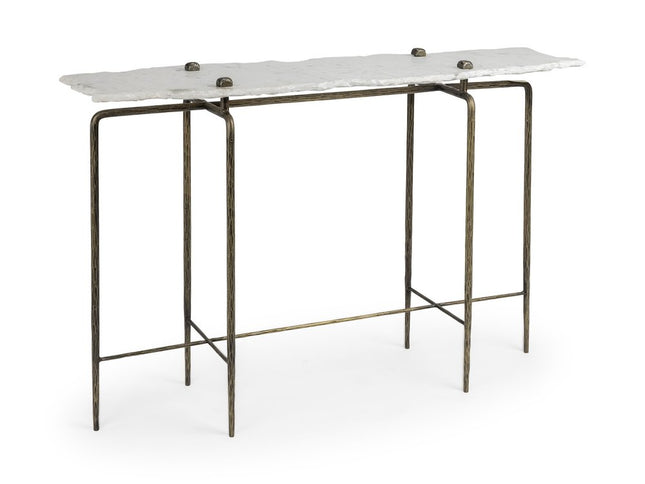 49" White and Brass Genuine Marble and Iron Distressed Six Leg Console Table