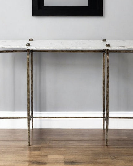 49" White and Brass Genuine Marble and Iron Distressed Six Leg Console Table
