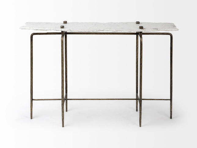49" White and Brass Genuine Marble and Iron Distressed Six Leg Console Table