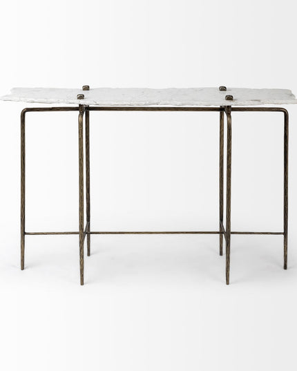 49" White and Brass Genuine Marble and Iron Distressed Six Leg Console Table
