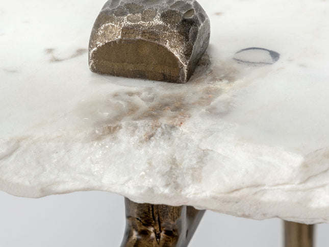 49" White and Brass Genuine Marble and Iron Distressed Six Leg Console Table