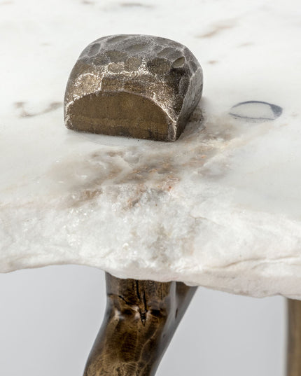 49" White and Brass Genuine Marble and Iron Distressed Six Leg Console Table