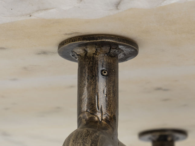 49" White and Brass Genuine Marble and Iron Distressed Six Leg Console Table