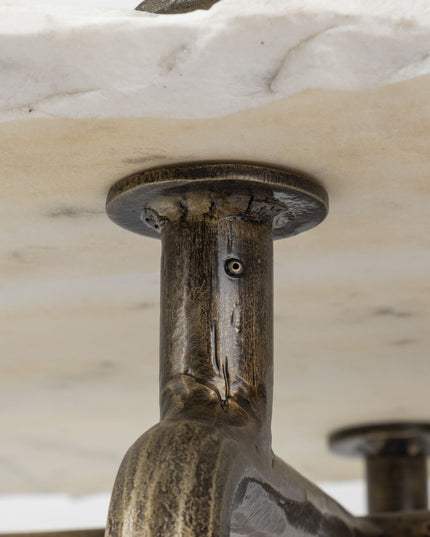 49" White and Brass Genuine Marble and Iron Distressed Six Leg Console Table