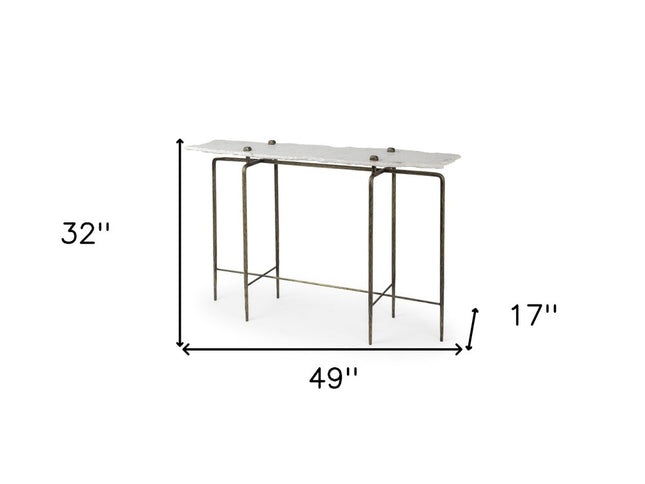 49" White and Brass Genuine Marble and Iron Distressed Six Leg Console Table
