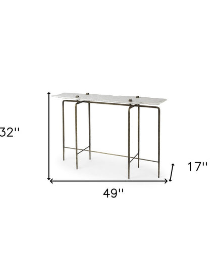 49" White and Brass Genuine Marble and Iron Distressed Six Leg Console Table