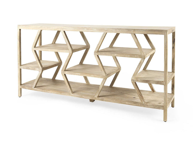 66" Light Brown Solid Wood Console Table Geometric Shelves