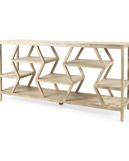 66" Light Brown Solid Wood Console Table Geometric Shelves