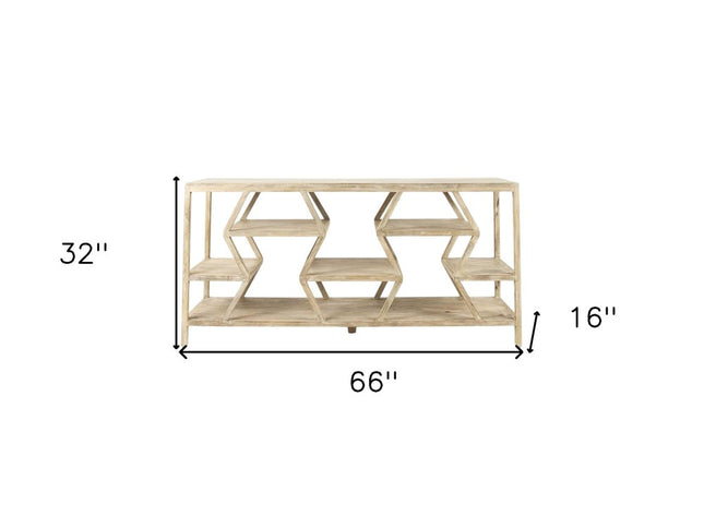 66" Light Brown Solid Wood Console Table Geometric Shelves