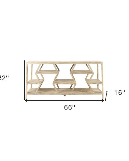66" Light Brown Solid Wood Console Table Geometric Shelves