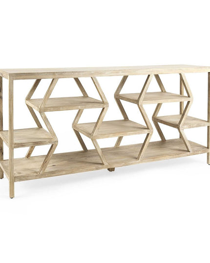 66" Light Brown Solid Wood Console Table Geometric Shelves