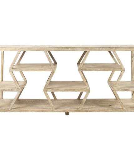 66" Light Brown Solid Wood Console Table Geometric Shelves